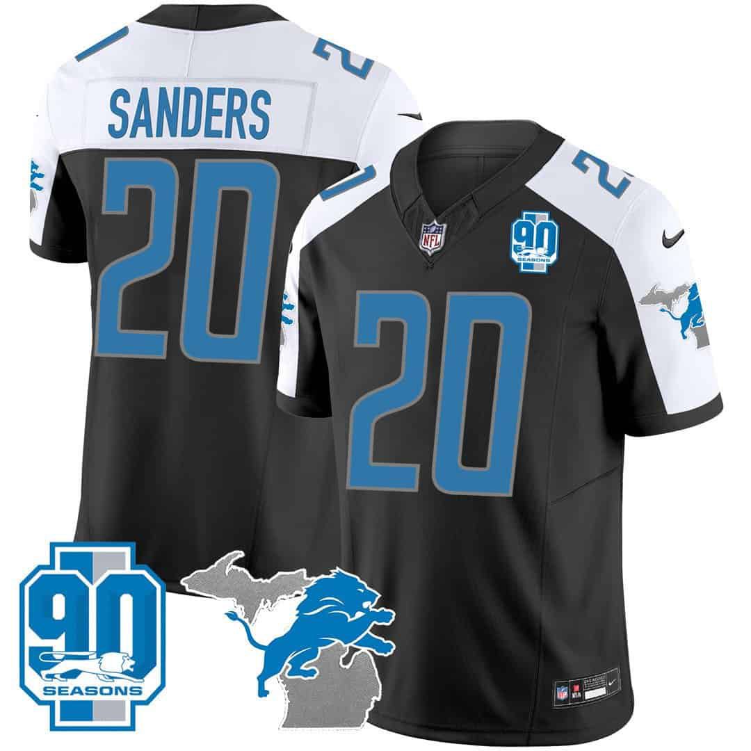 Men Detroit Lions #20 Sanders Black 2024 Nike 90th Year Michigan Patch Vapor NFL Jersey